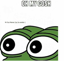 a cartoon of a frog with big eyes and the words oh my gosh on the bottom