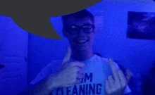 a man wearing a shirt that says sim cleaning giving the middle finger