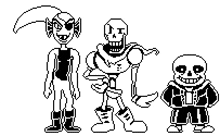 a black and white pixel art of undertale characters , papyrus , and sans .