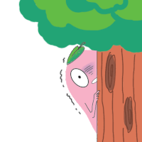 a cartoon drawing of a person peeking out from behind a tree trunk