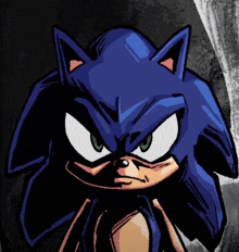 a cartoon drawing of sonic the hedgehog with a serious look on his face