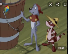 two cartoon animals are standing next to each other in front of a wooden barrel .