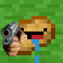 a pixel art of a hand pointing a gun at a sandwich with a tear running down its face