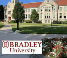 a sign that says bradley university in front of a building