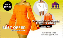 an ad for an orange off the shoulder dress