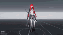 a girl with red hair is holding a sword and says ultimate