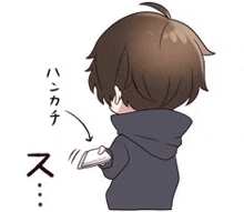 a cartoon of a boy in a hoodie holding a cell phone .