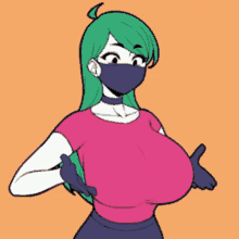 a cartoon of a girl with green hair wearing a mask and giving a thumbs up