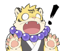 a cartoon tiger with a necklace of purple beads on his neck