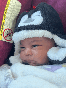 a baby wearing a penguin hat has a warning label on his back