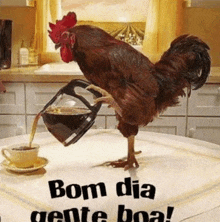 a rooster is pouring coffee from a coffee pot into a cup .