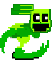 a pixel art drawing of a green skeleton with a black face and arms .