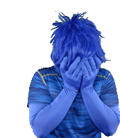 a person with blue hair and blue gloves is covering their face