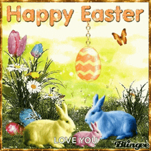 a happy easter card with bunny rabbits and an egg