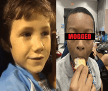 a boy eating a piece of food with the word mogged above his face