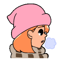 a cartoon girl wearing a pink hat and scarf is blowing a cloud of air .