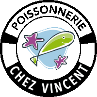 a logo for poissonnerie chez vincent with a green fish and two purple stars