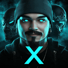 a man with a beard and blue eyes has a blue x above his head