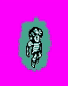 a pixel art of a zombie walking on a pink background