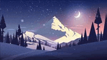 a mountain covered in snow and trees at night with a crescent moon in the sky