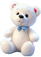 a white teddy bear has a blue bow tie around its neck