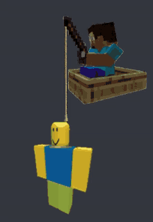 a roblox character is fishing while a minecraft character is in a boat