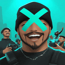 a cartoon of a man with a blue x on his eyes