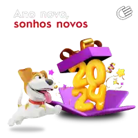 a cartoon dog jumping out of a purple box with the number 20 on it