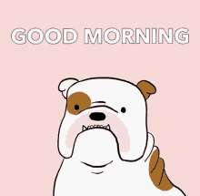 a cartoon drawing of a dog with its mouth open and the words good morning written below it