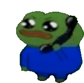 a green frog is talking on a telephone while wearing a blue shirt .