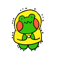 a green frog wearing a yellow raincoat with red ear flaps .