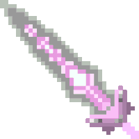 a pixel art drawing of a sword with a pink blade and a purple handle on a white background .