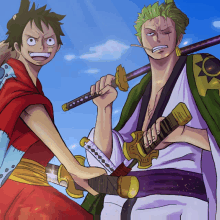 monkey d luffy and roronoa zoro are standing next to each other holding their swords