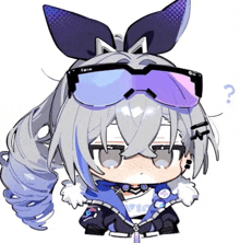 a chibi girl wearing sunglasses and a bow on her head is sitting down .