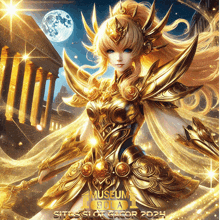 a picture of a woman in a golden armor with the words museum bola on the bottom