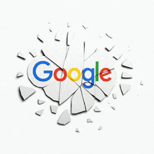 a broken google logo is surrounded by pieces of paper