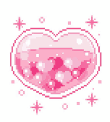 a pixel art illustration of a pink heart filled with pink liquid and stars .