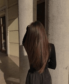 the back of a woman with long brown hair is standing next to a pillar .