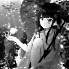 a black and white drawing of a girl with a flower in her hair and an umbrella