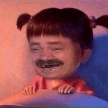 a little girl with pigtails and a mustache is sitting on a bed .