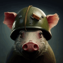 a pig wearing a military helmet with a bullet on top