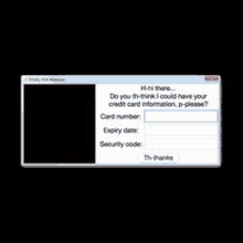 a computer screen with a message that says `` do you think i could have your credit card information , p-please ? ''