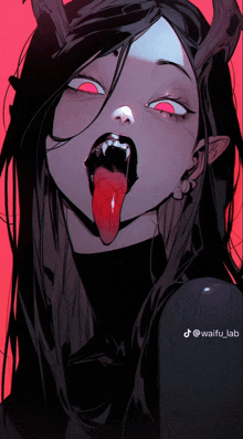 a girl with horns is sticking her tongue out