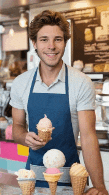 a man in an apron is holding ice cream cones