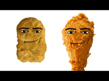 a chicken nugget and a fried chicken wing with cartoon faces drawn on them