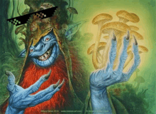 a painting of a troll wearing a sunglasses and holding mushrooms