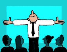 a cartoon of a man with his arms outstretched standing in front of a group of people