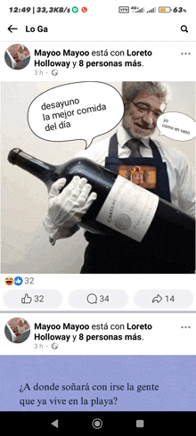 a man holding a large bottle of wine with a speech bubble saying desayuno la mejor comida del dia