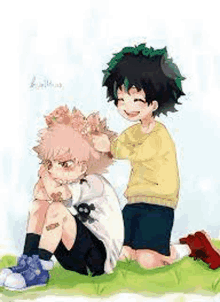 a boy is putting flowers in another boy 's hair while they are sitting on the grass .