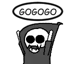 a black and white cartoon of a grim reaper with his arms in the air and a speech bubble that says gogogo .